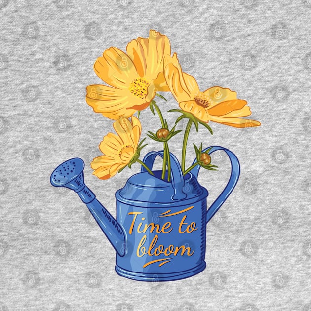 Watering can with yellow cosmic flowers Time to bloom by Catdog